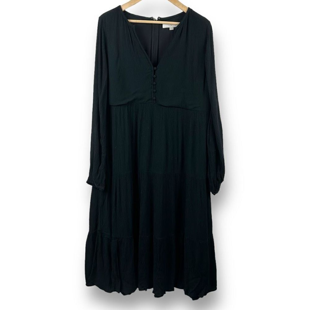 Loft Women's Size M Long Sleeve Button Front Crepe Texture Swing Dress Black